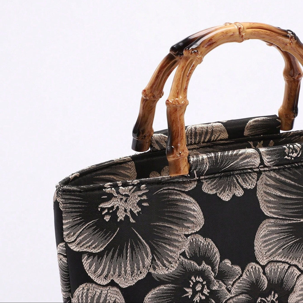Bamboo Handle Sequin Floral Tote Bag for Women | Fabric Top Handle A46