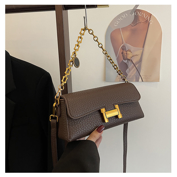 Women's Chain Shoulder Bag | Retro PU Baguette with H-Buckle A18
