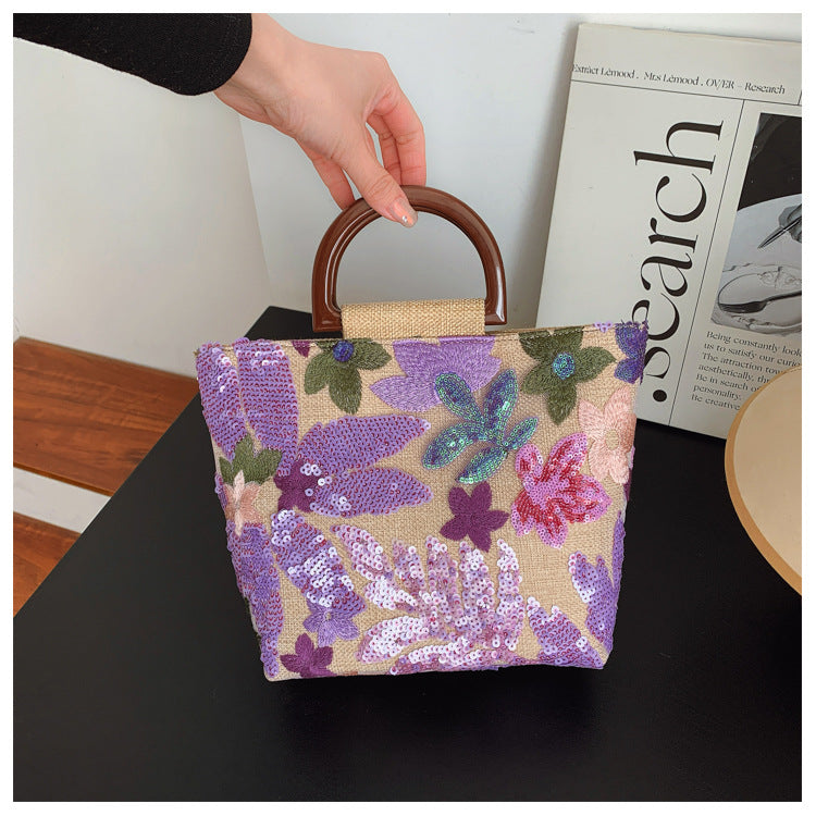 Bamboo Handle Sequin Floral Tote Bag for Women | Fabric Top Handle A46