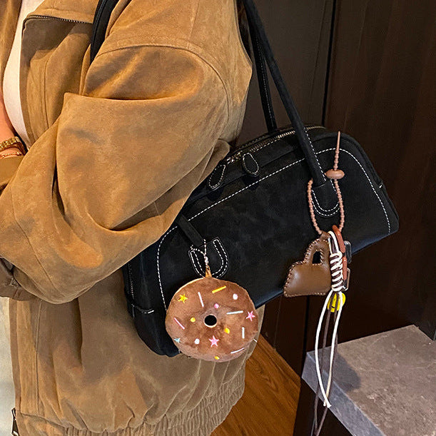 Women's Suede Shoulder Bag Retro Pillow Shape with Charm A24
