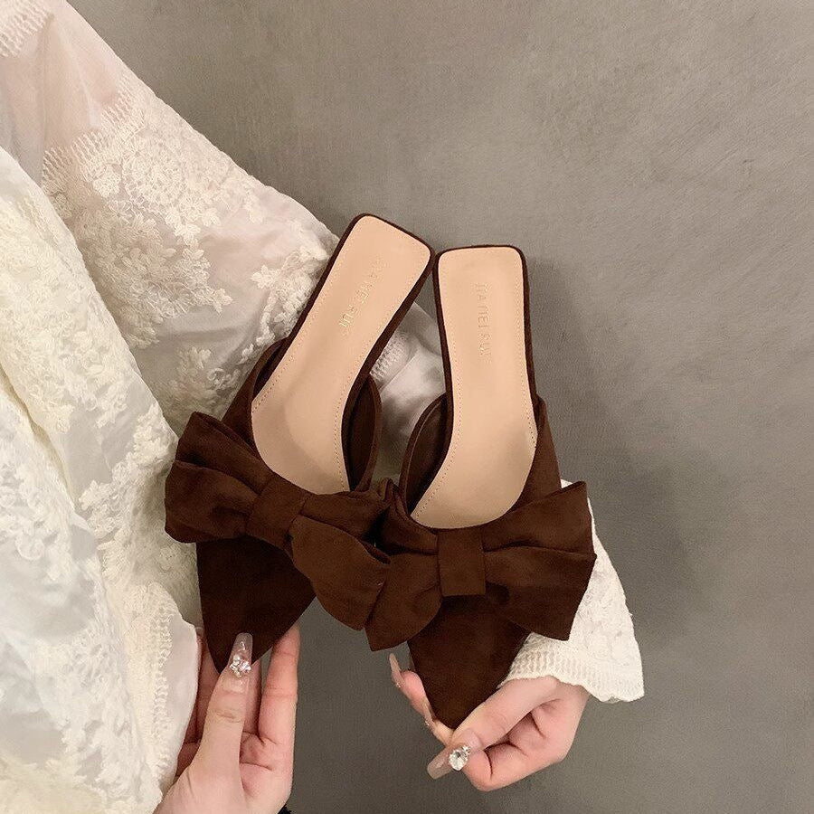 Bow Pointed-Toe Chunky Heel Sandals | Korean Style Summer Heels for Women A74