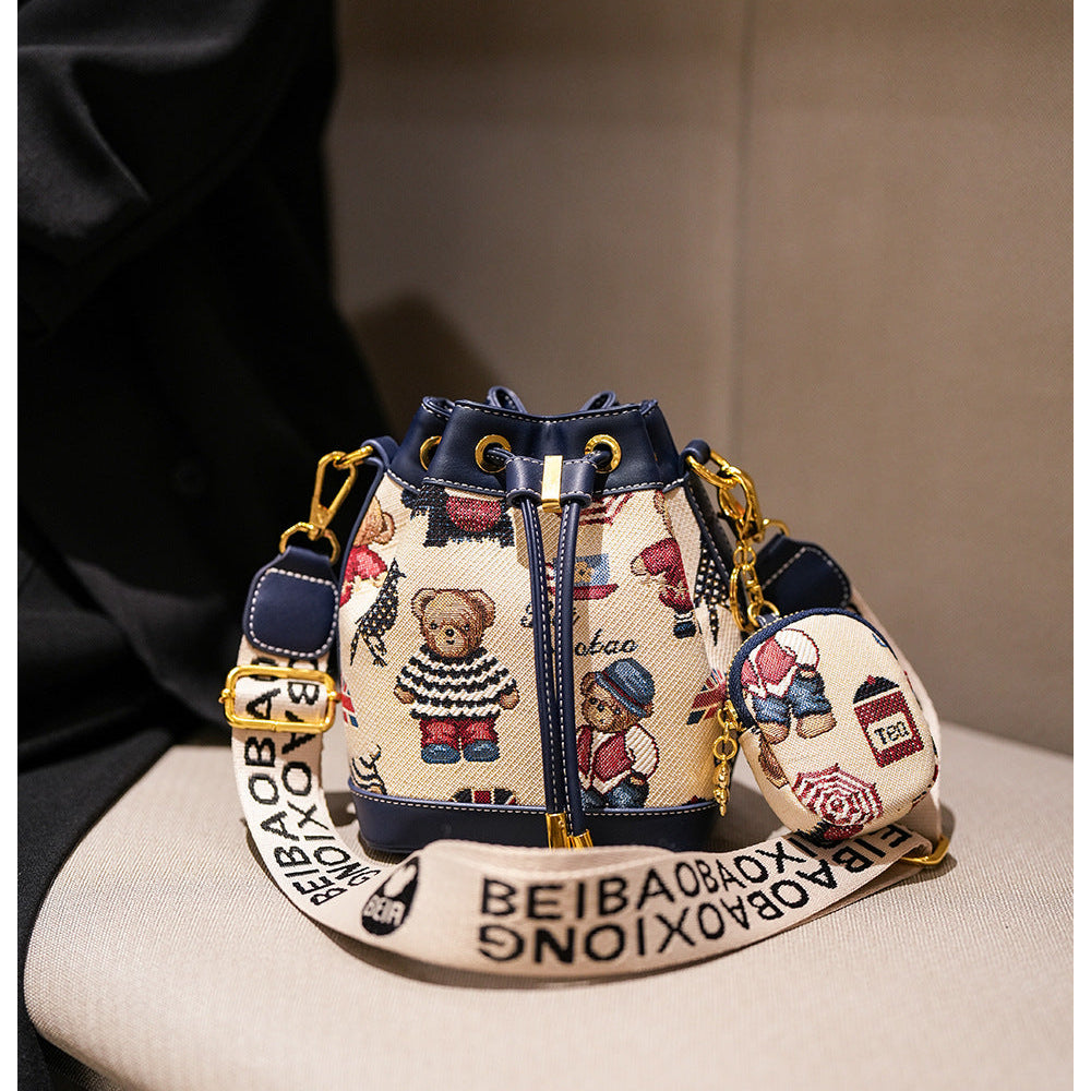 Cartoon Bear Canvas Bucket Bag | Cute Crossbody Bag for Women A52