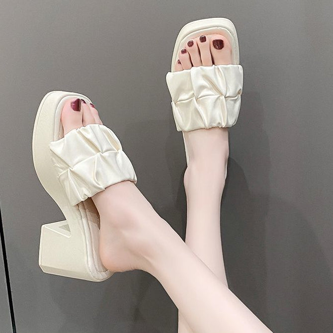 Thick-Heeled Sandal Mules | Korean Style PU High-Heel Flip-Flop Shoes A72