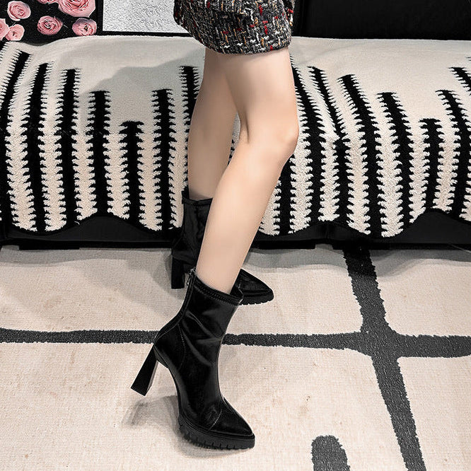 Pointed-Toe Thick Heel Martin Boots | Korean High-Heel Knight Boots for Women A75