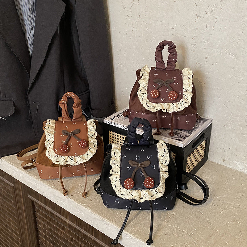 Cute Mini Backpack for Girls | Lace Suede Cherry Detail Bag A22