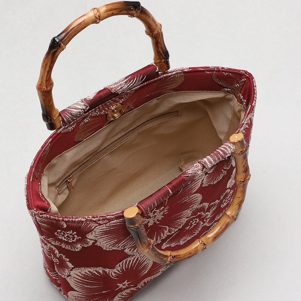 Bamboo Handle Sequin Floral Tote Bag for Women | Fabric Top Handle A46
