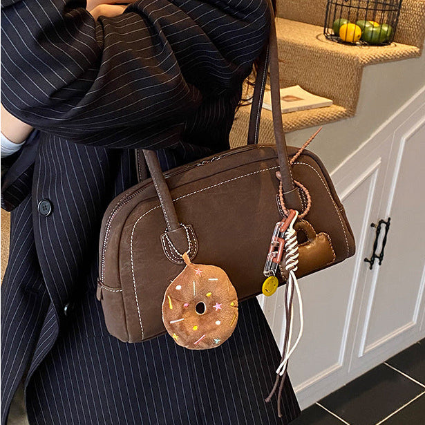 Women's Suede Shoulder Bag Retro Pillow Shape with Charm A24