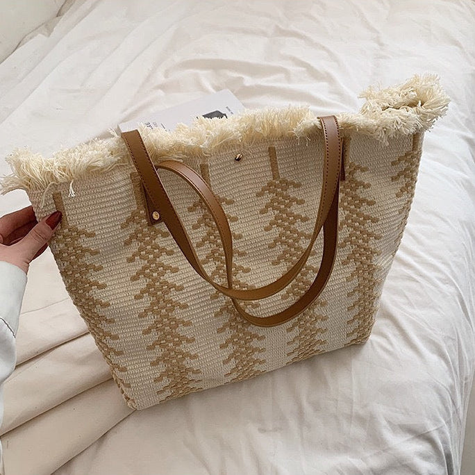 Large Canvas Tassel Tote Bag | Woven Shoulder Bag for Women A57