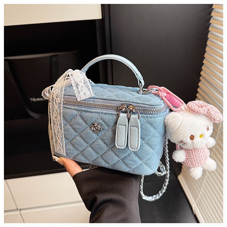 Quilted Denim Box Bag | Chanel-Style Chain Crossbody Handbag A63