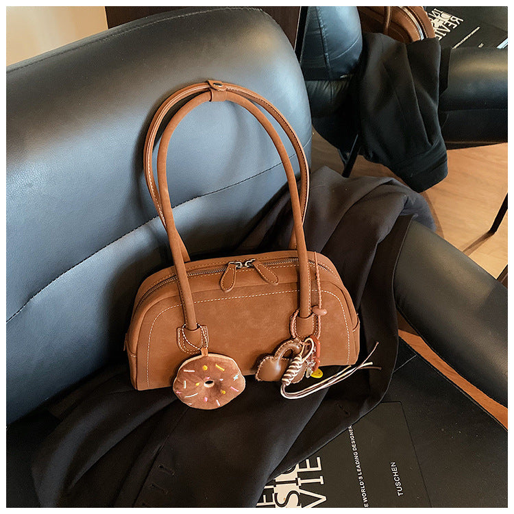 Women's Suede Shoulder Bag Retro Pillow Shape with Charm A24