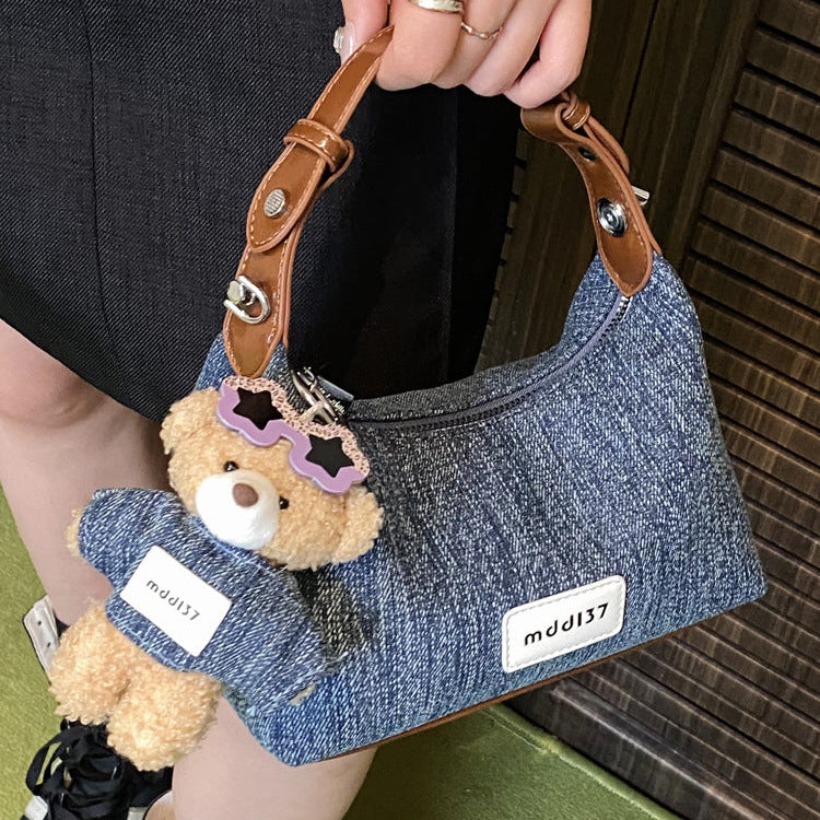 Women's Denim Shoulder Bag with Bear Charm Compact Crossbody A23