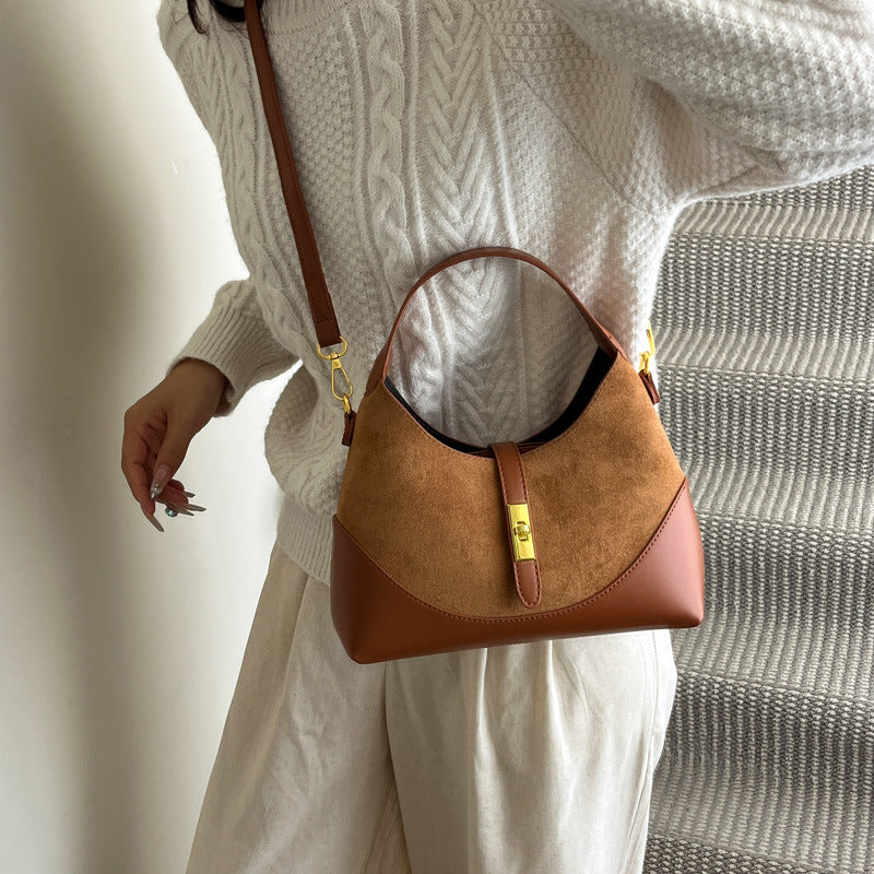 Women's Suede Contrast Shoulder Bag Spliced Bucket with Gold Lock A35