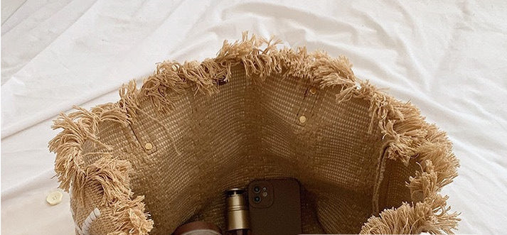 Large Canvas Tassel Tote Bag | Woven Shoulder Bag for Women A57