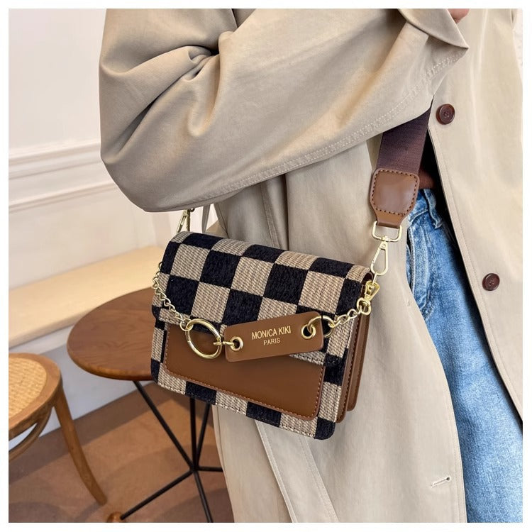 Checkered Woven Crossbody Bag for Women | Gold Chain Lock Clasp A39