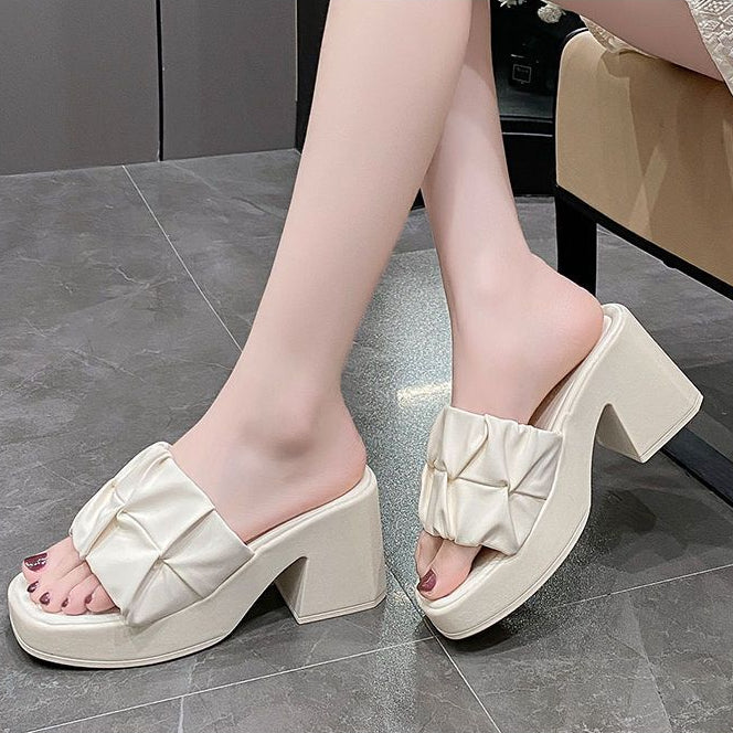 Thick-Heeled Sandal Mules | Korean Style PU High-Heel Flip-Flop Shoes A72