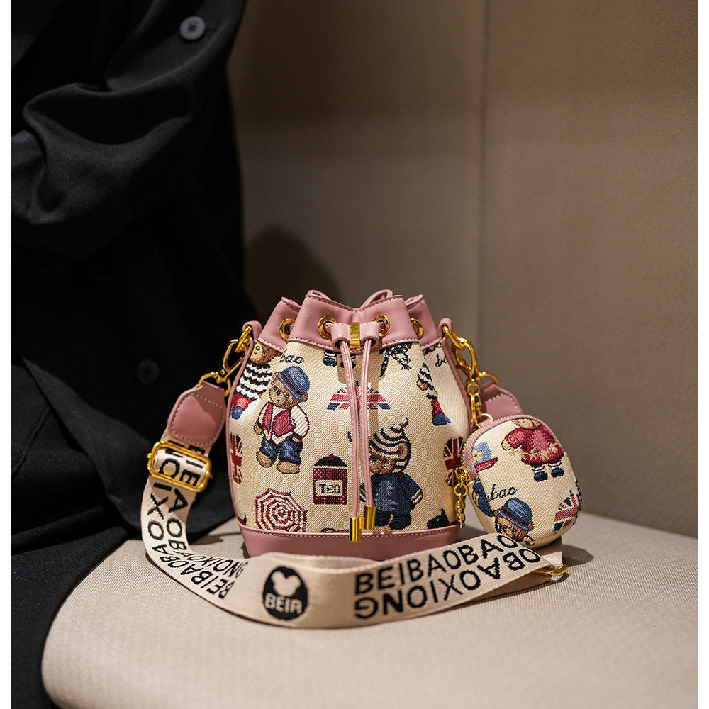 Cartoon Bear Canvas Bucket Bag | Cute Crossbody Bag for Women A52