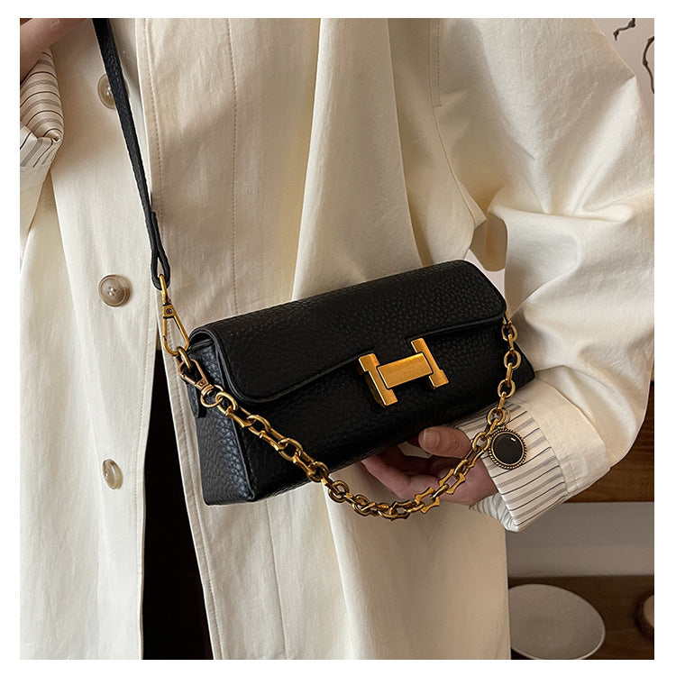 Women's Chain Shoulder Bag | Retro PU Baguette with H-Buckle A18
