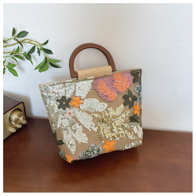 Bamboo Handle Sequin Floral Tote Bag for Women | Fabric Top Handle A46