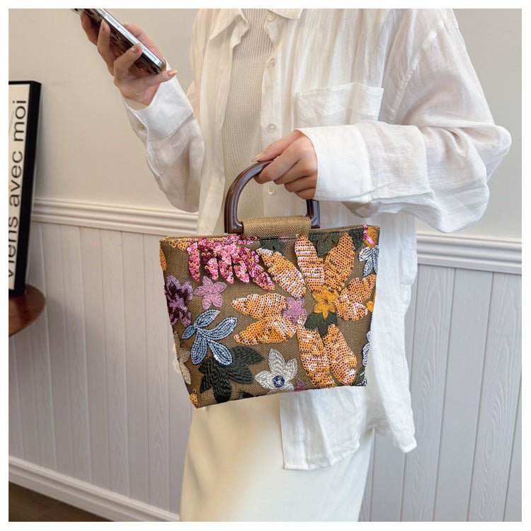 Bamboo Handle Sequin Floral Tote Bag for Women | Fabric Top Handle A46