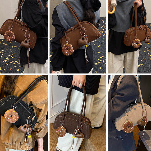 Women's Suede Shoulder Bag Retro Pillow Shape with Charm A24