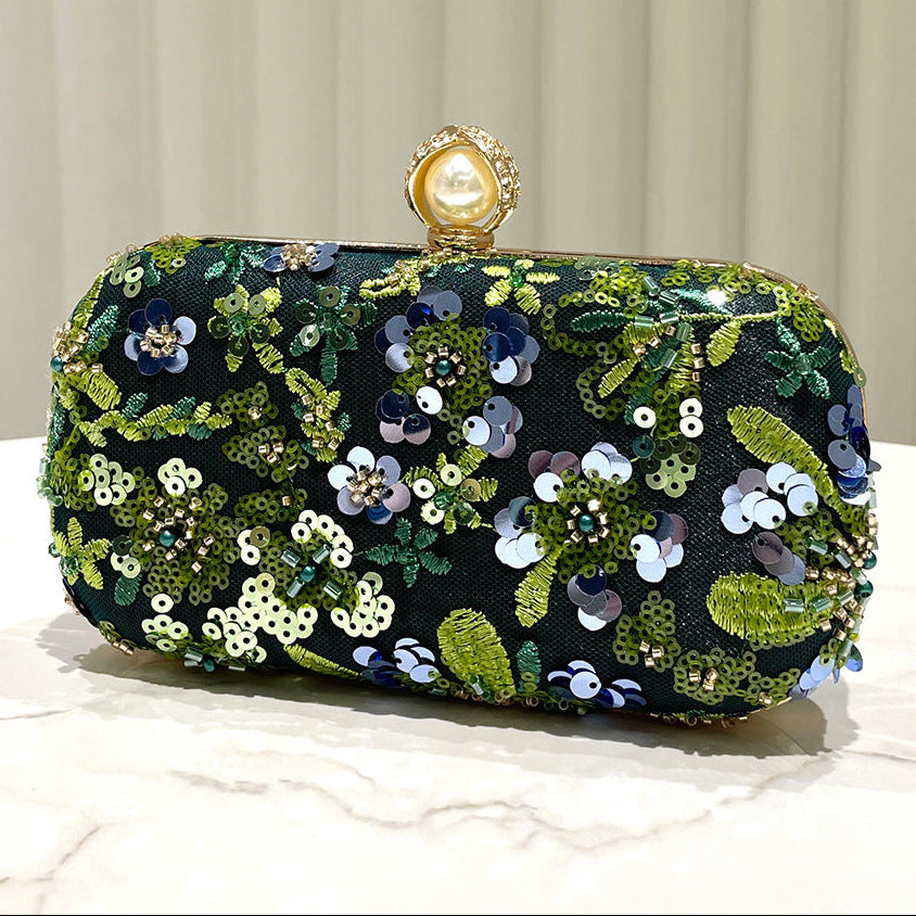 Dark Green Sequin Embroidered Clutch Bag | Beaded Evening Box Bag A66