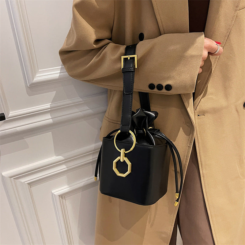 Niche PU Leather Bucket Bag | Drawstring Crossbody Mini Bag A48