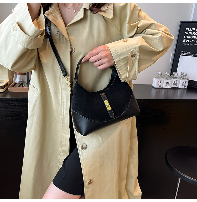 Women's Suede Contrast Shoulder Bag Spliced Bucket with Gold Lock A35