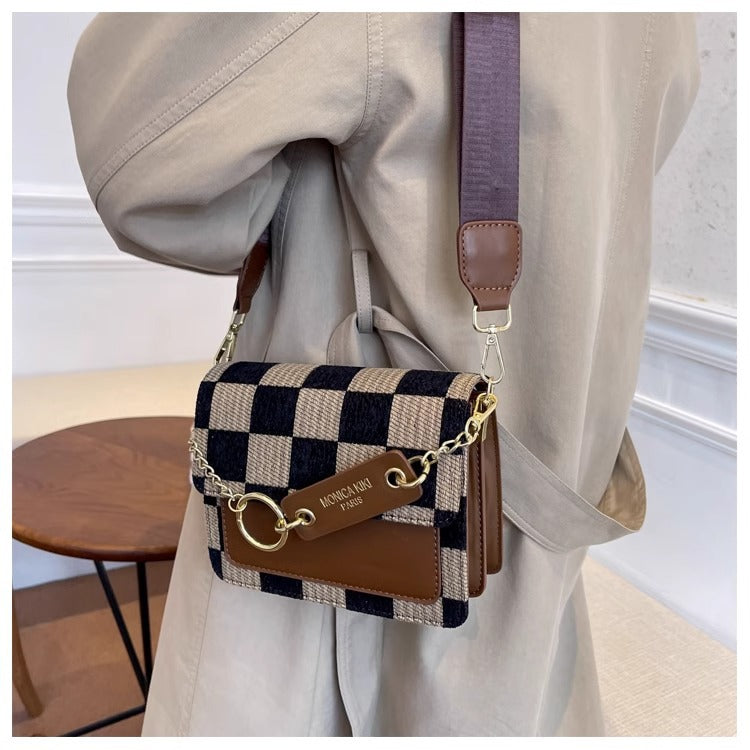 Checkered Woven Crossbody Bag for Women | Gold Chain Lock Clasp A39