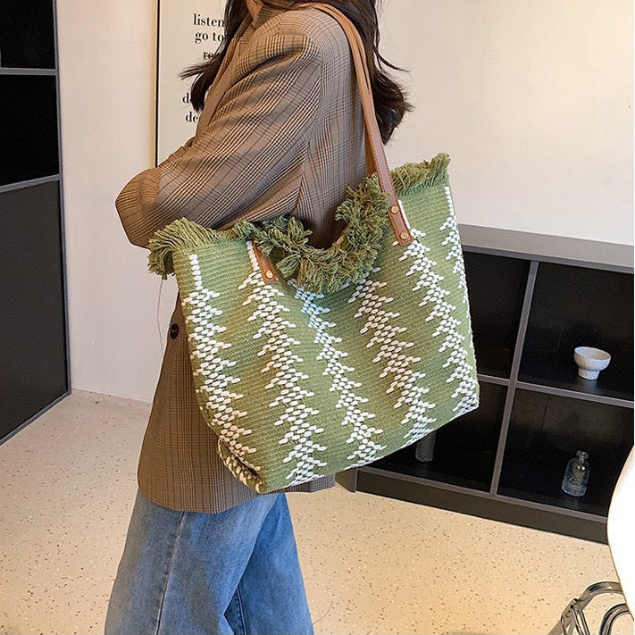 Large Canvas Tassel Tote Bag | Woven Shoulder Bag for Women A57