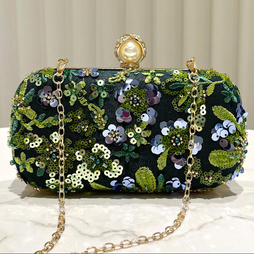 Dark Green Sequin Embroidered Clutch Bag | Beaded Evening Box Bag A66
