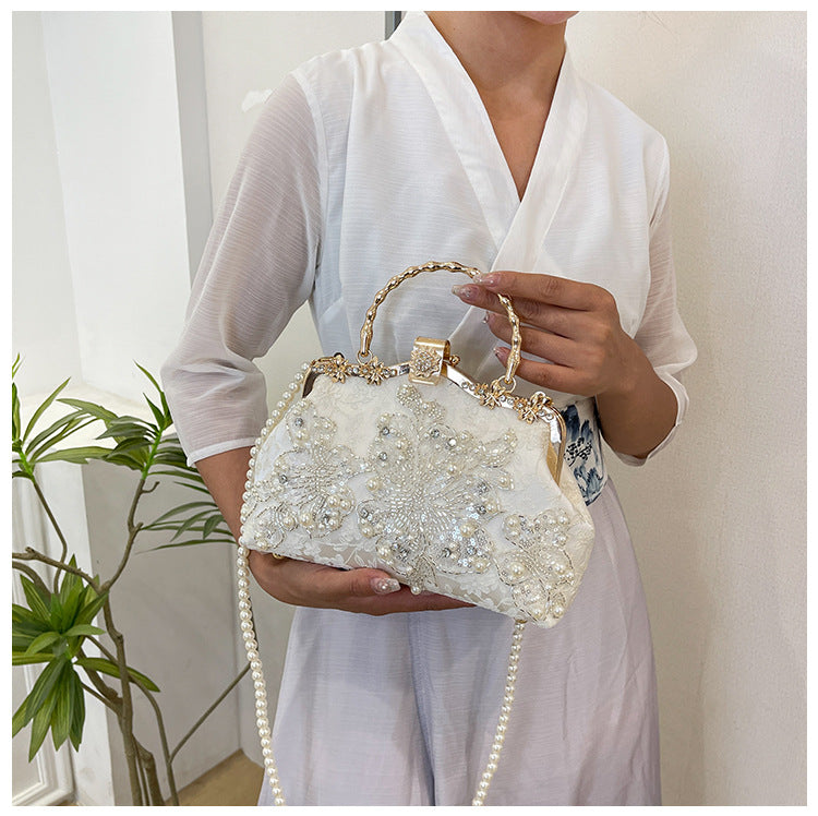 Pearl Embroidered Clutch Bag | Beaded Chain Shoulder Handbag A56