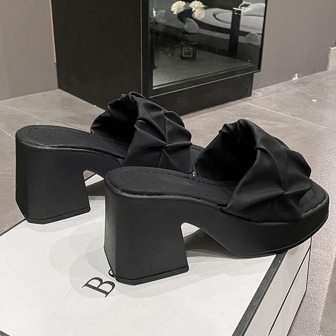 Thick-Heeled Sandal Mules | Korean Style PU High-Heel Flip-Flop Shoes A72