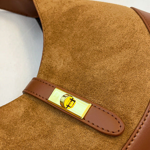 Women's Suede Contrast Shoulder Bag Spliced Bucket with Gold Lock A35