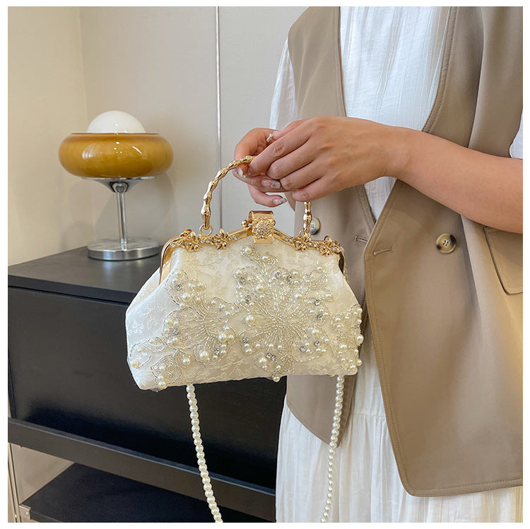 Pearl Embroidered Clutch Bag | Beaded Chain Shoulder Handbag A56