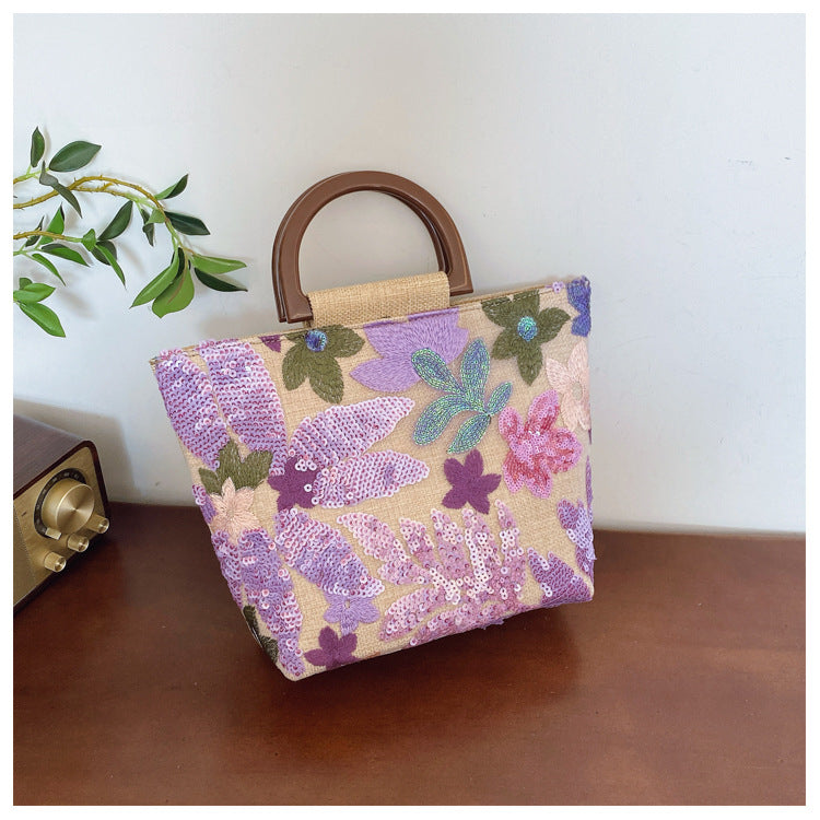 Bamboo Handle Sequin Floral Tote Bag for Women | Fabric Top Handle A46