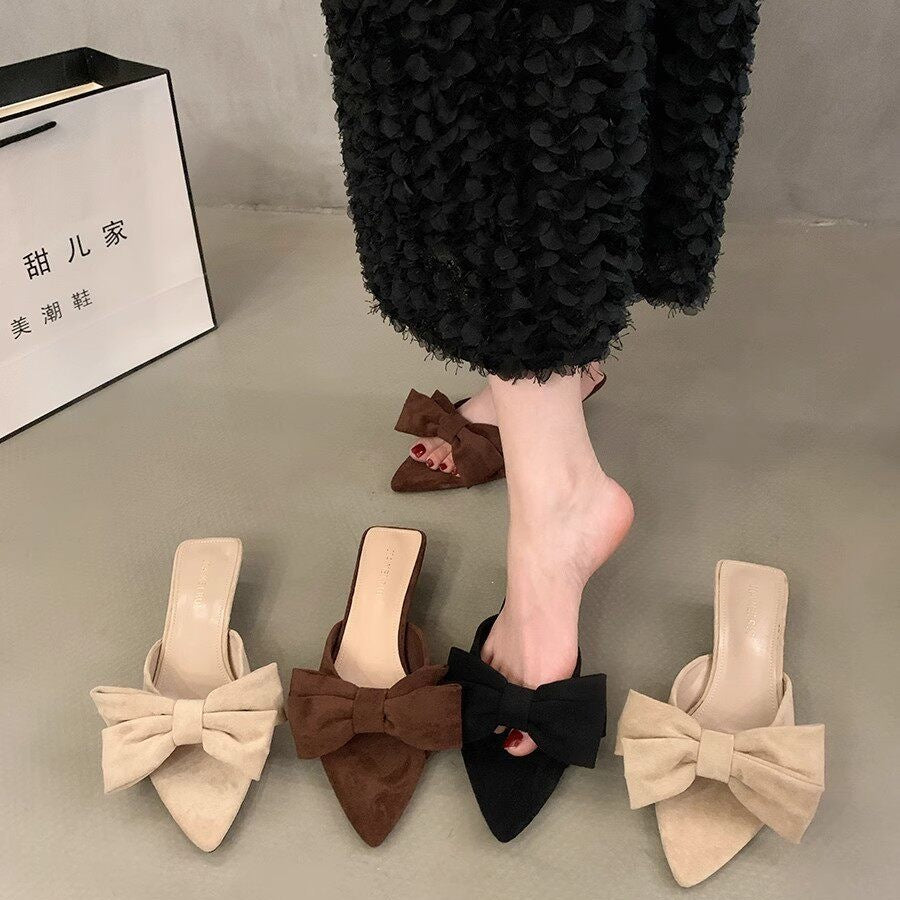 Bow Pointed-Toe Chunky Heel Sandals | Korean Style Summer Heels for Women A74