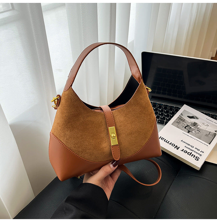 Women's Suede Contrast Shoulder Bag Spliced Bucket with Gold Lock A35
