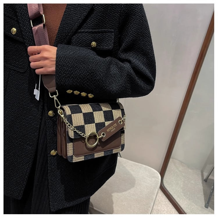 Checkered Woven Crossbody Bag for Women | Gold Chain Lock Clasp A39