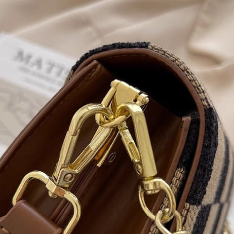 Checkered Woven Crossbody Bag for Women | Gold Chain Lock Clasp A39