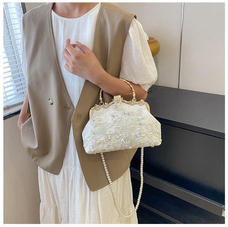 Pearl Embroidered Clutch Bag | Beaded Chain Shoulder Handbag A56