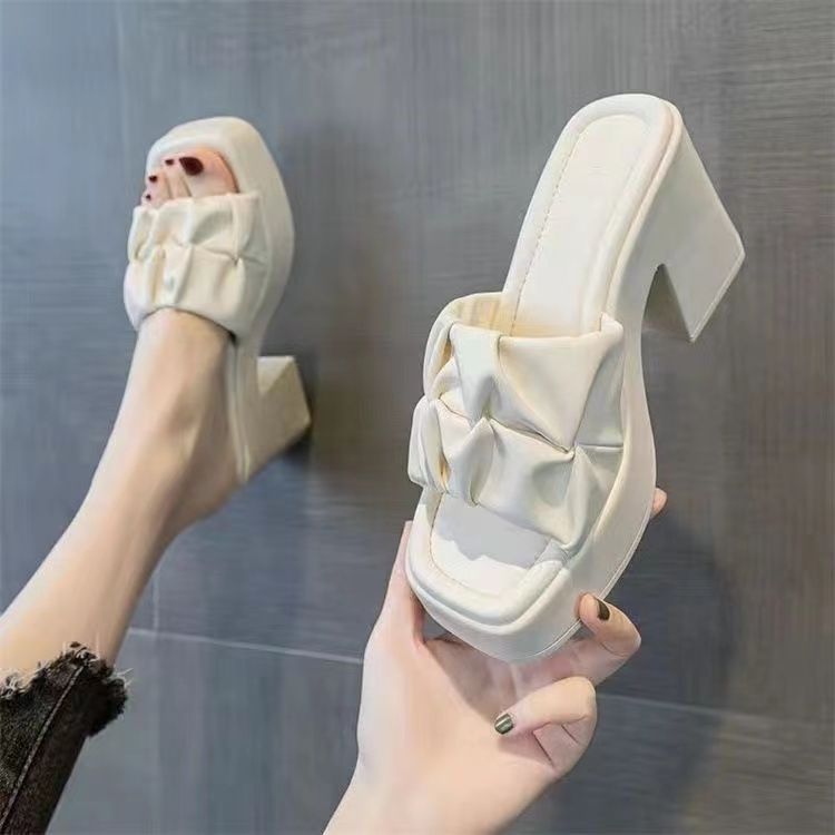 Thick-Heeled Sandal Mules | Korean Style PU High-Heel Flip-Flop Shoes A72
