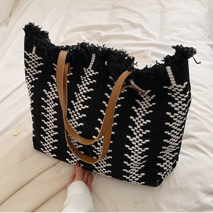Large Canvas Tassel Tote Bag | Woven Shoulder Bag for Women A57