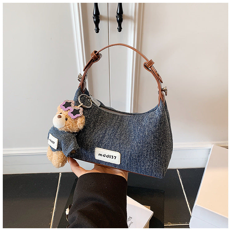 Women's Denim Shoulder Bag with Bear Charm Compact Crossbody A23