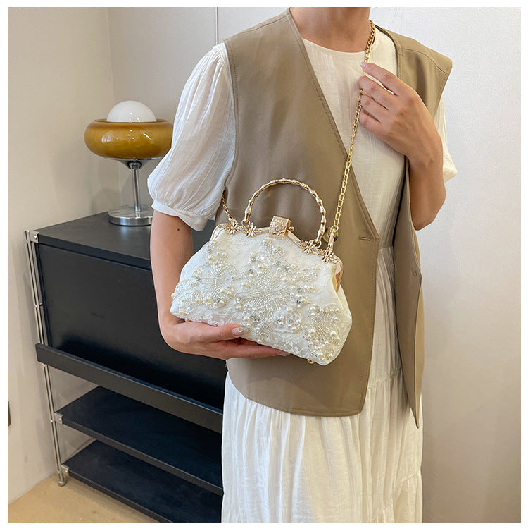 Pearl Embroidered Clutch Bag | Beaded Chain Shoulder Handbag A56