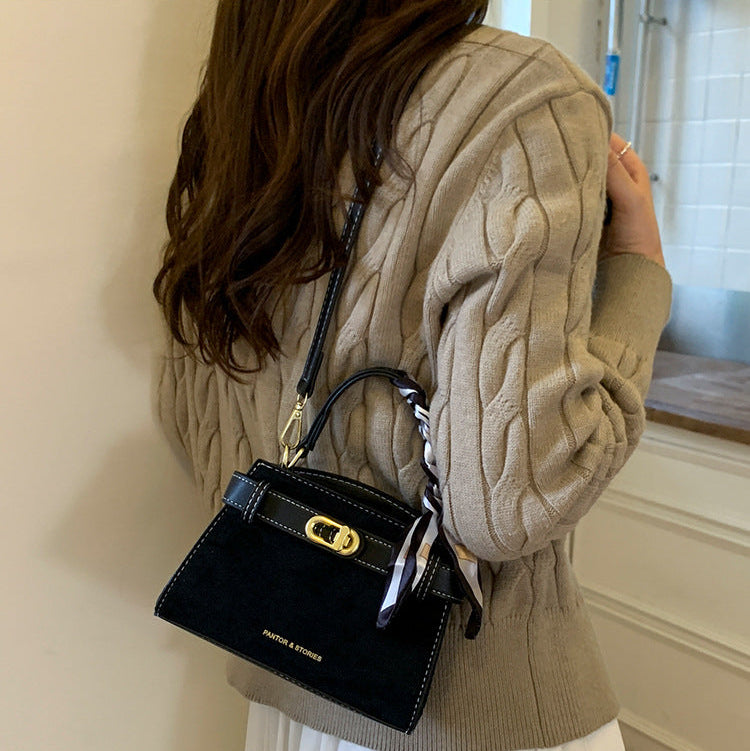 Retro Suede Shoulder Bag for Women | Braided Handle, Lock A14