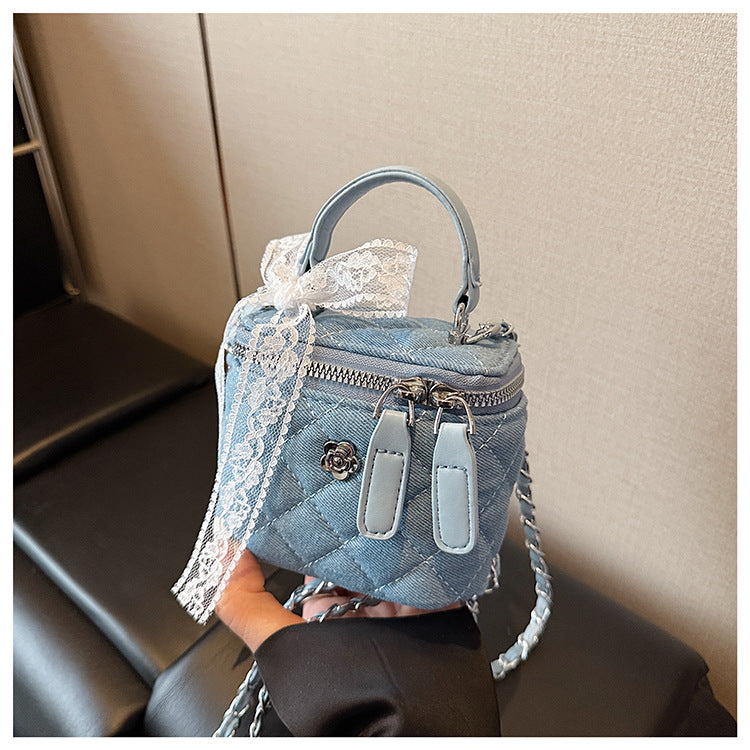 Quilted Denim Box Bag | Chanel-Style Chain Crossbody Handbag A63