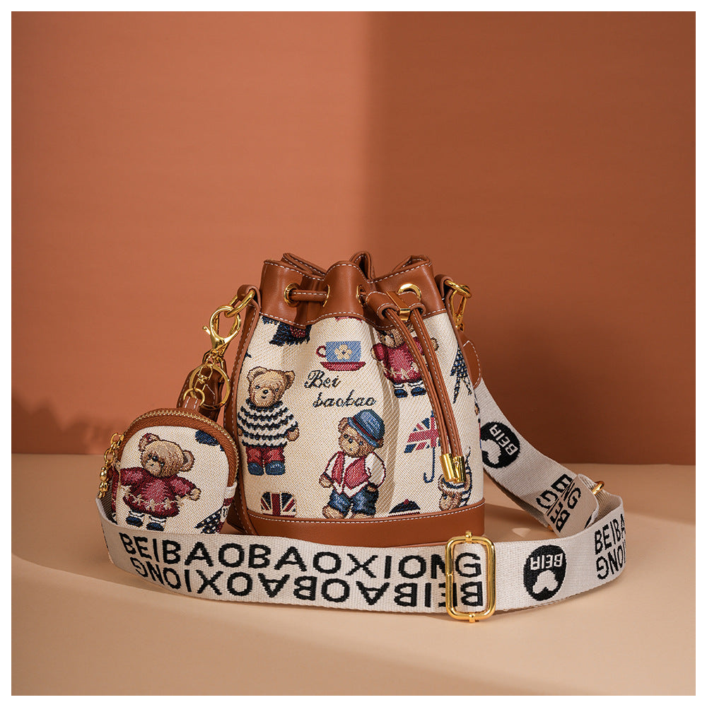 Cartoon Bear Canvas Bucket Bag | Cute Crossbody Bag for Women A52