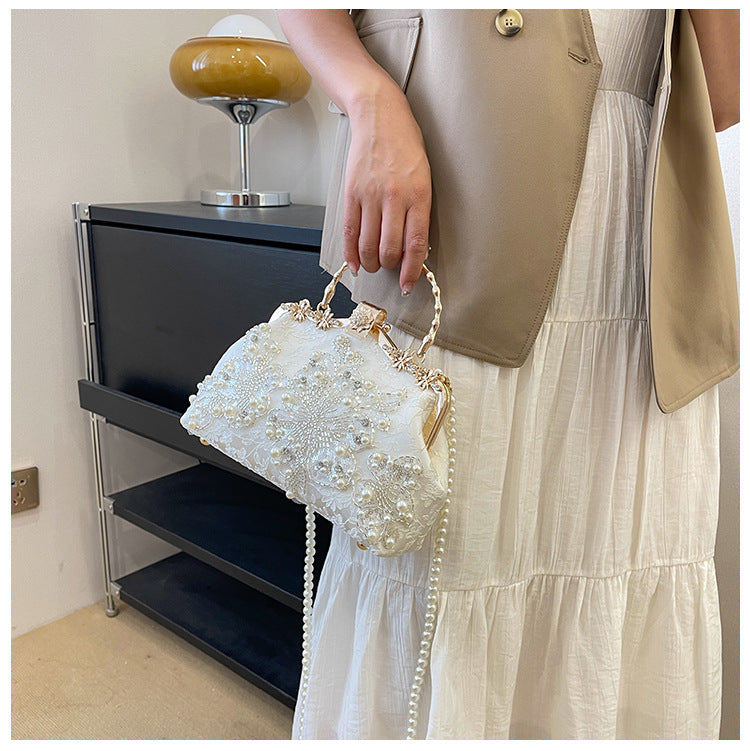 Pearl Embroidered Clutch Bag | Beaded Chain Shoulder Handbag A56