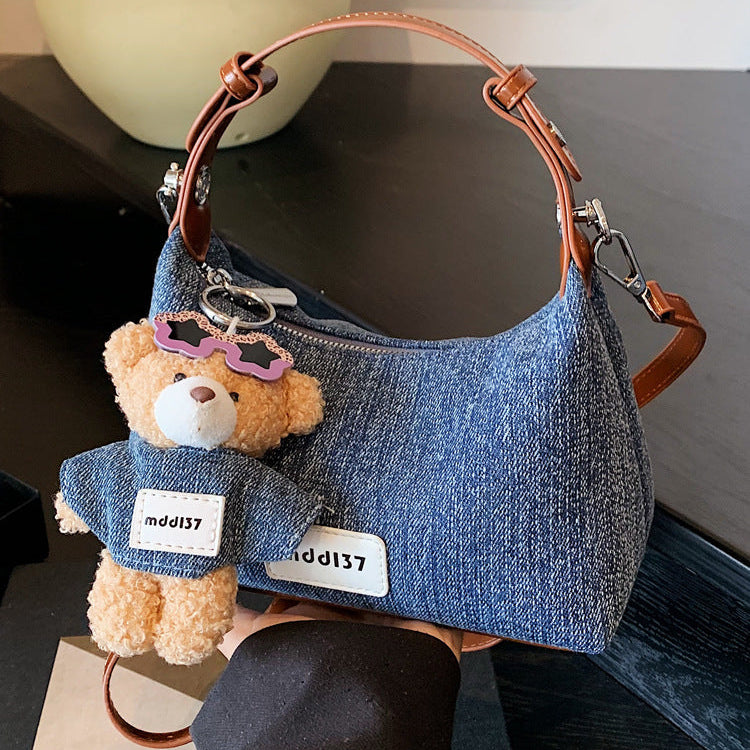 Women's Denim Shoulder Bag with Bear Charm Compact Crossbody A23