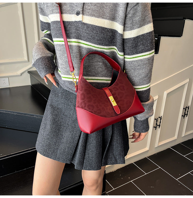 Women's Suede Contrast Shoulder Bag Spliced Bucket with Gold Lock A35